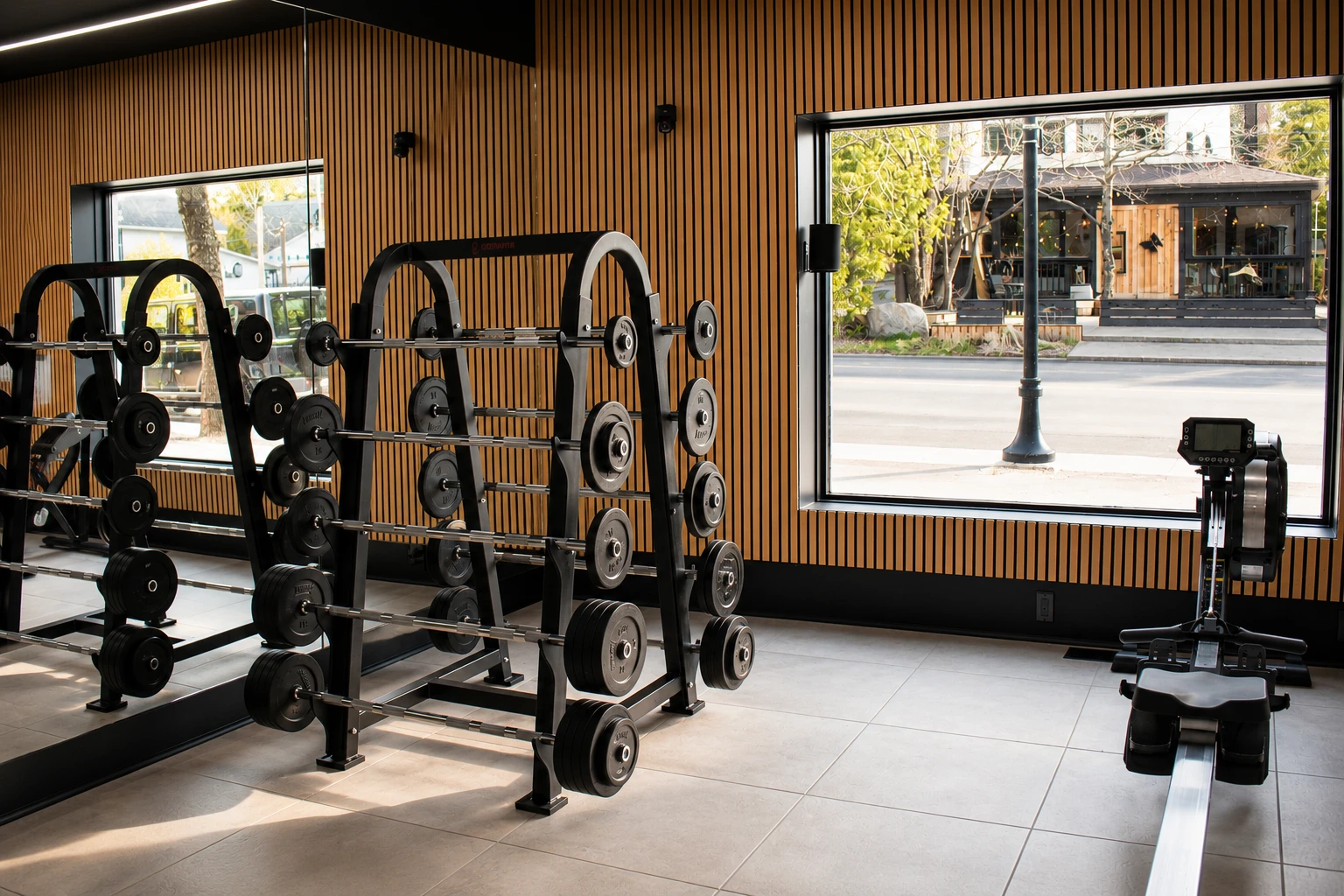 Intérieur moderne d'une salle de gym avec équipements de musculation et une personne en tenue sportive consultant une montre.