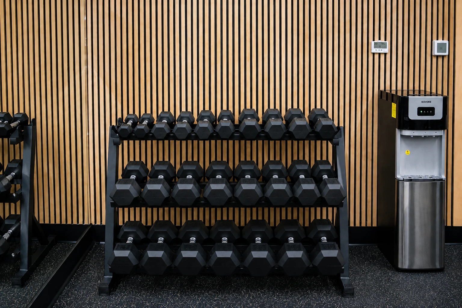 Râtelier de poids noirs dans une salle de gym avec un distributeur d'eau à côté sur un mur en bois.