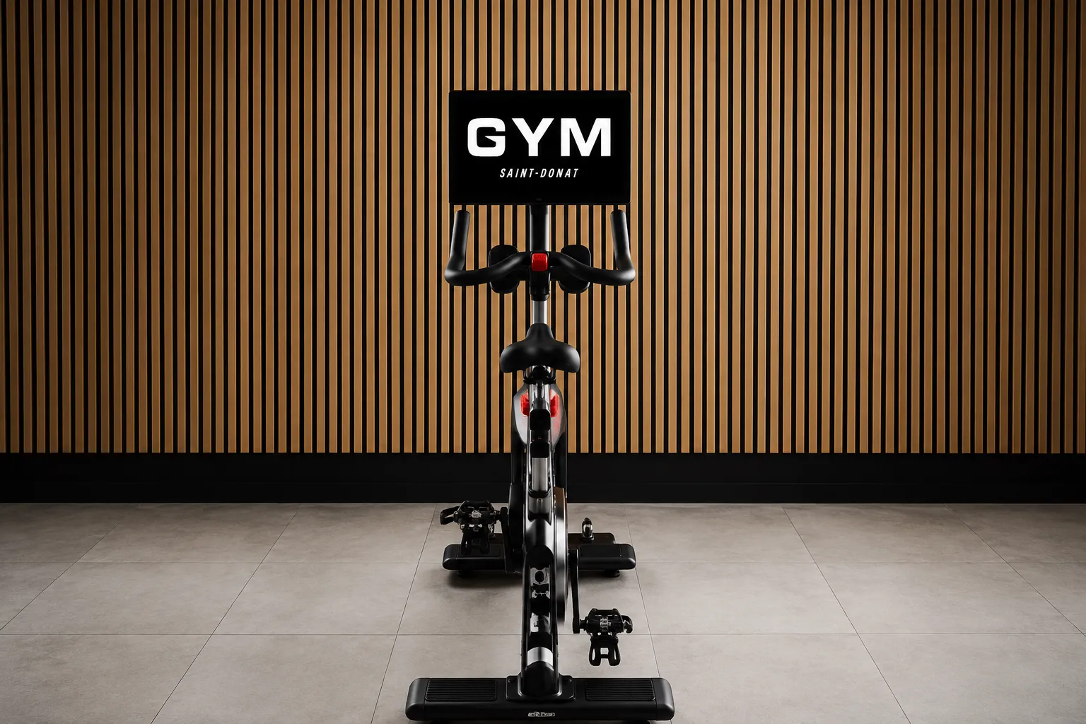 Intérieur d'une salle de sport moderne avec des équipements de musculation, un sol noir avec des éclats, un plafond noir avec des lumières LED blanches en forme de lignes géométriques, et des personnes s'entraînant.