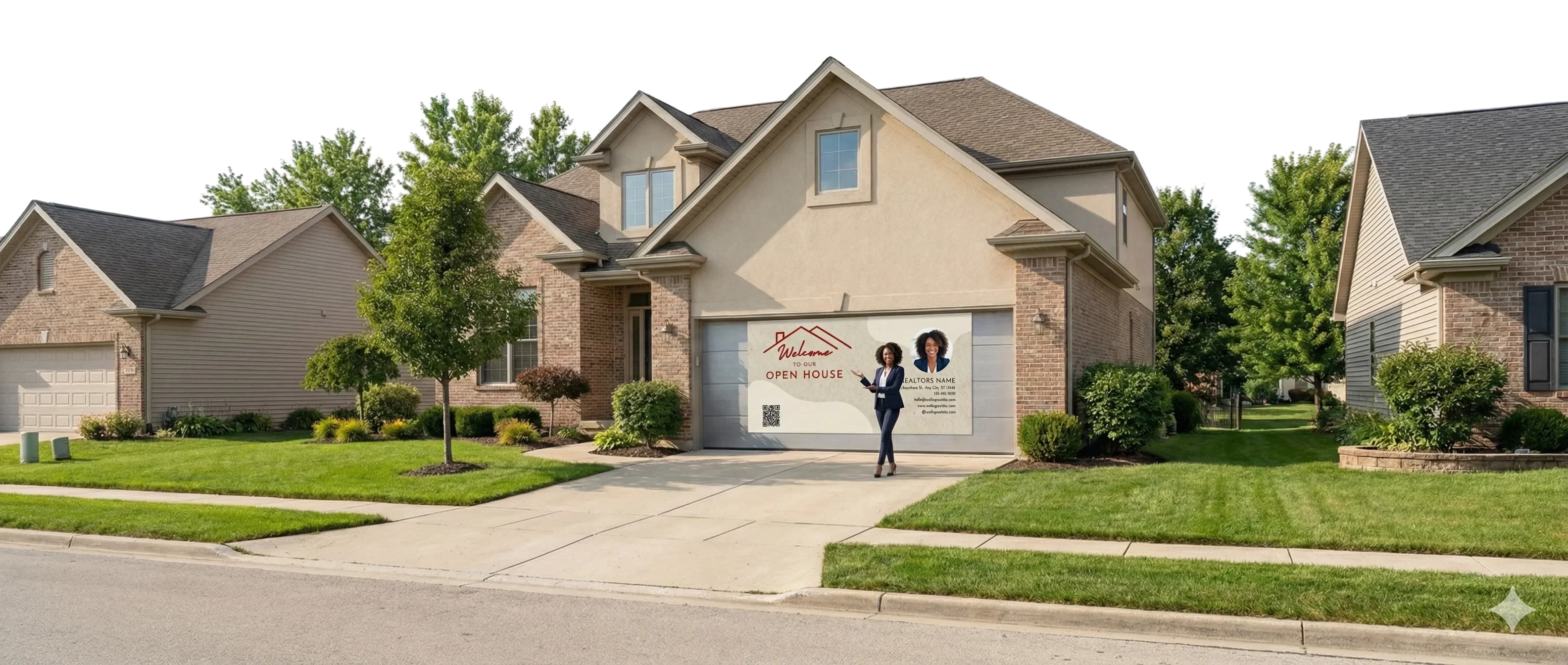 Beautiful suburban home featuring a GarageSnaps seasonal magnetic garage door display
