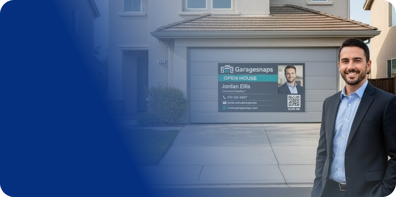 Beautiful suburban home featuring a GarageSnaps seasonal magnetic garage door display