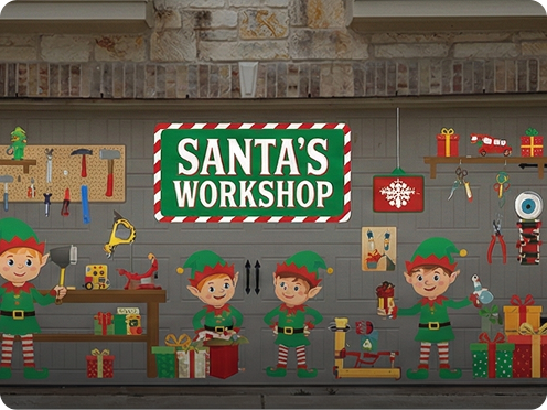 Beautiful suburban home featuring a GarageSnaps seasonal magnetic garage door display