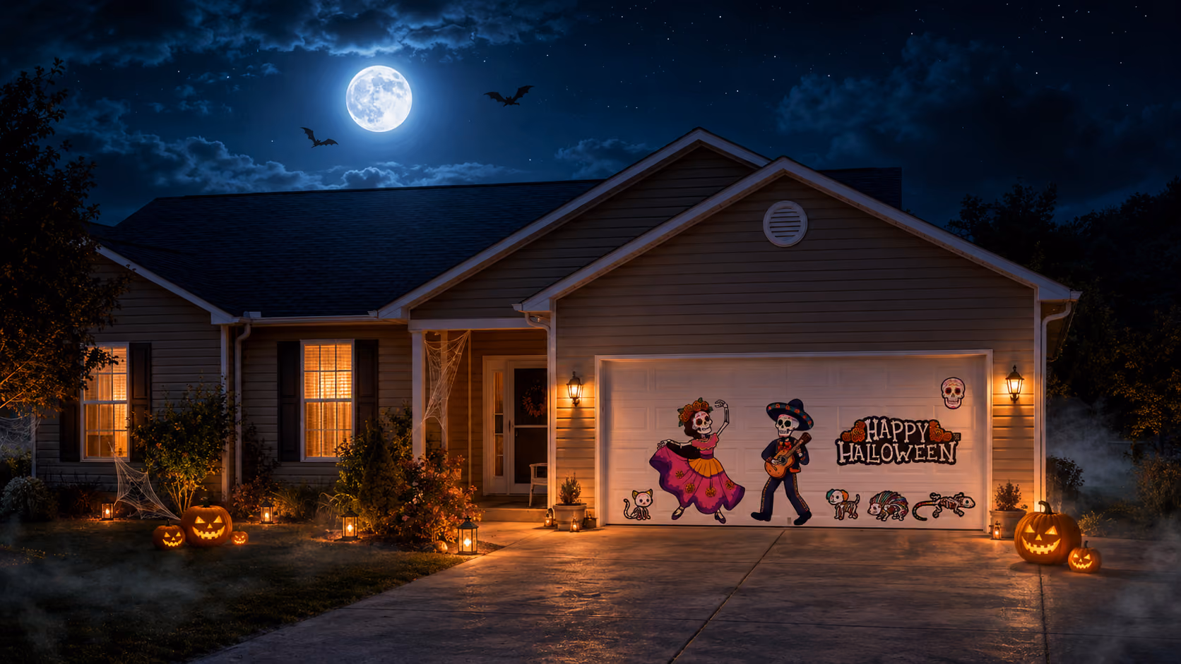 Beautiful suburban home featuring a GarageSnaps seasonal magnetic garage door display