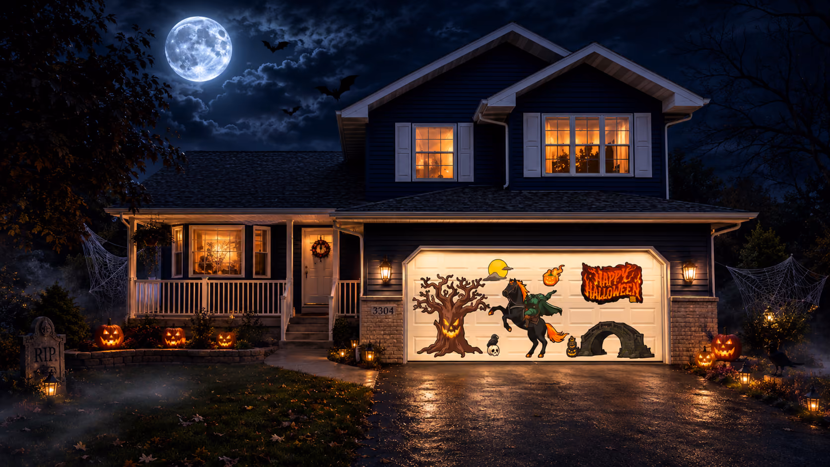 Beautiful suburban home featuring a GarageSnaps seasonal magnetic garage door display