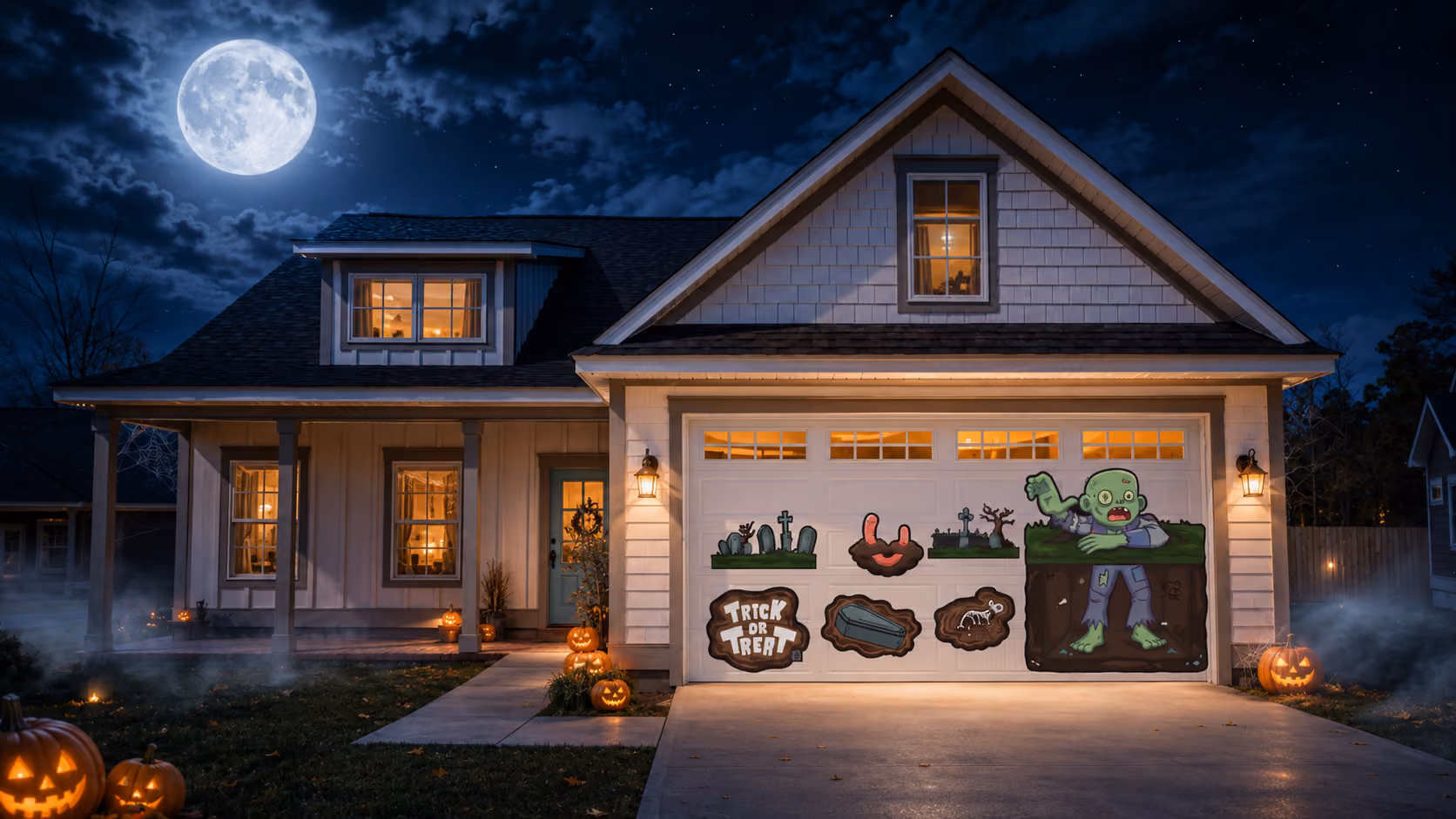 Beautiful suburban home featuring a GarageSnaps seasonal magnetic garage door display
