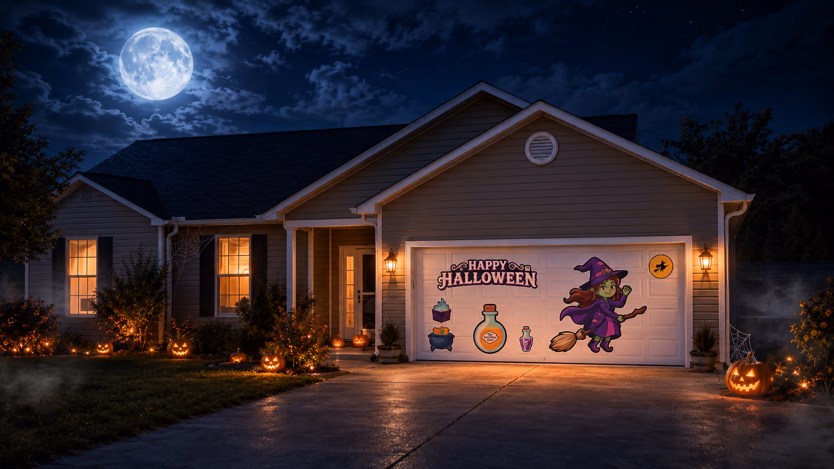 Beautiful suburban home featuring a GarageSnaps seasonal magnetic garage door display