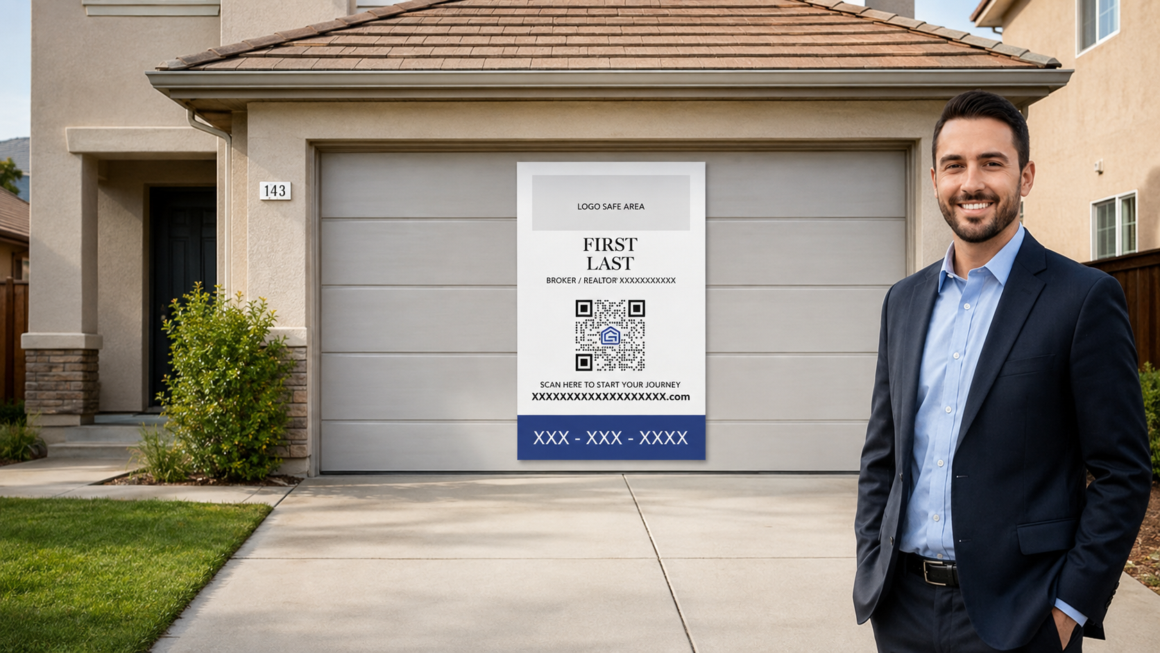 Beautiful suburban home featuring a GarageSnaps seasonal magnetic garage door display