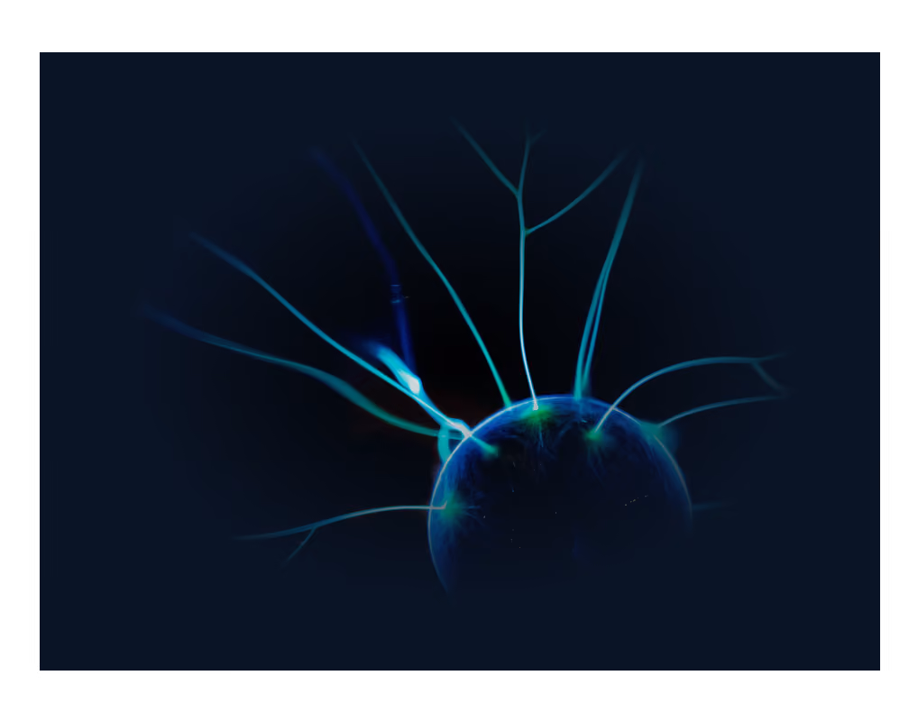 Glowing plasma ball with electric blue streams extending outward in dark background.