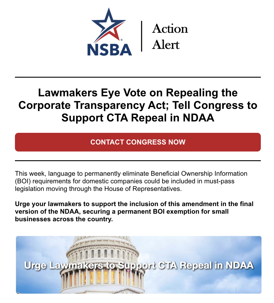 NSBA urges Congress to advance all efforts that would permanently repeal the Corporate Transparency Act for American Small Business. 