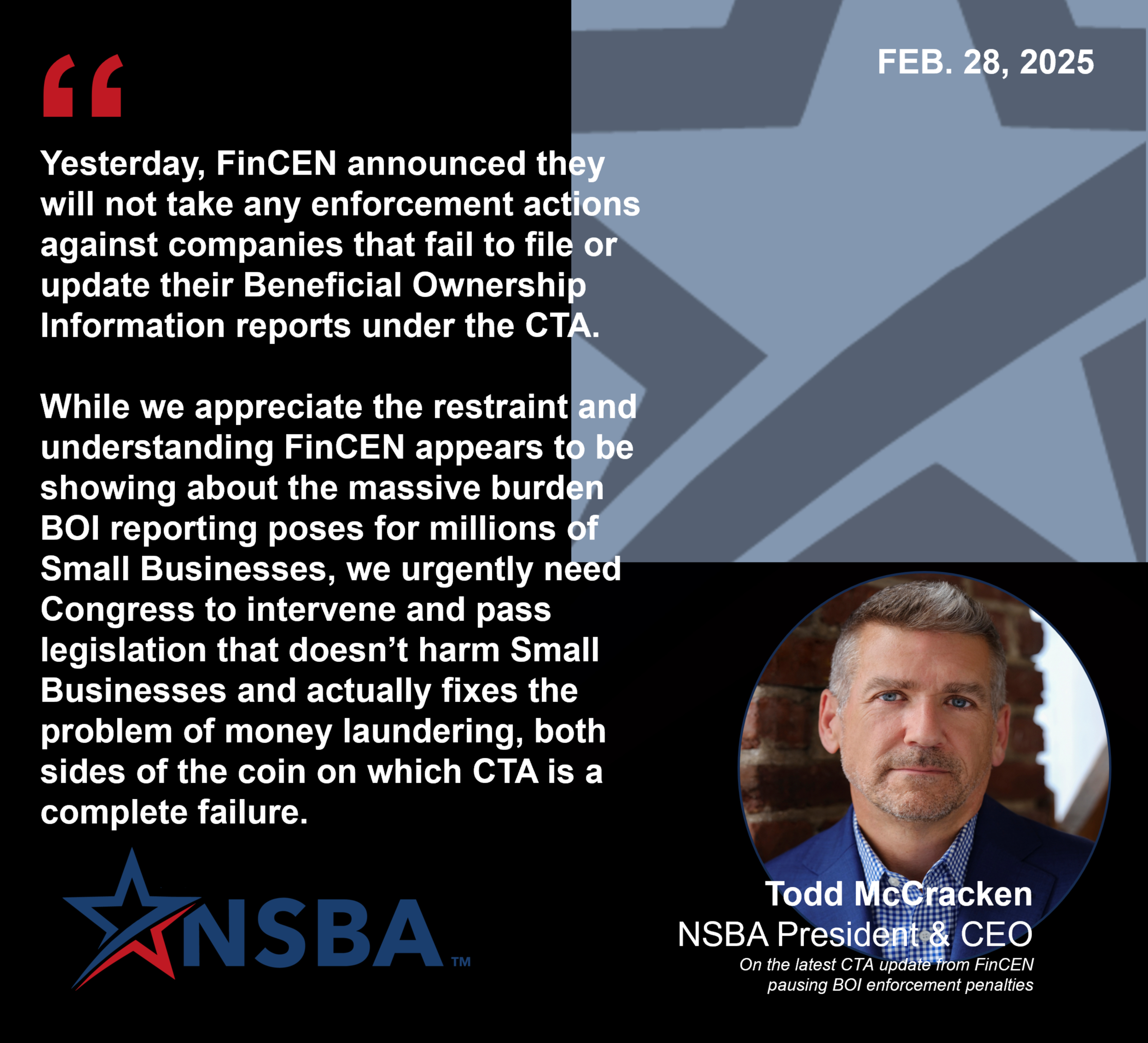 NSBA applauds FinCEN for pausing these senseless penalties and continues urging Congress to act to repeal the Corporate Transparency Act (CTA).