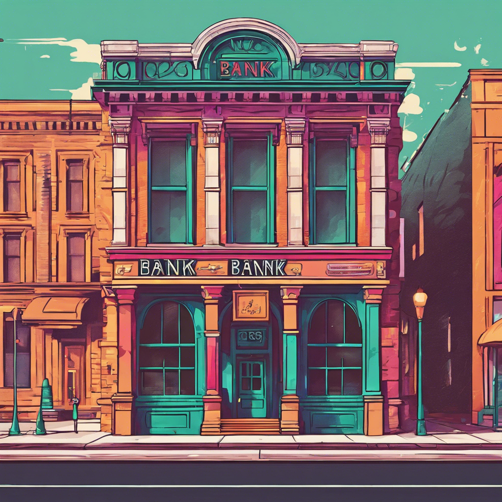 A traditional bank on Main Street depicted with a futuristic coloration to show its commitment to increasing access to capital for small business in the future.