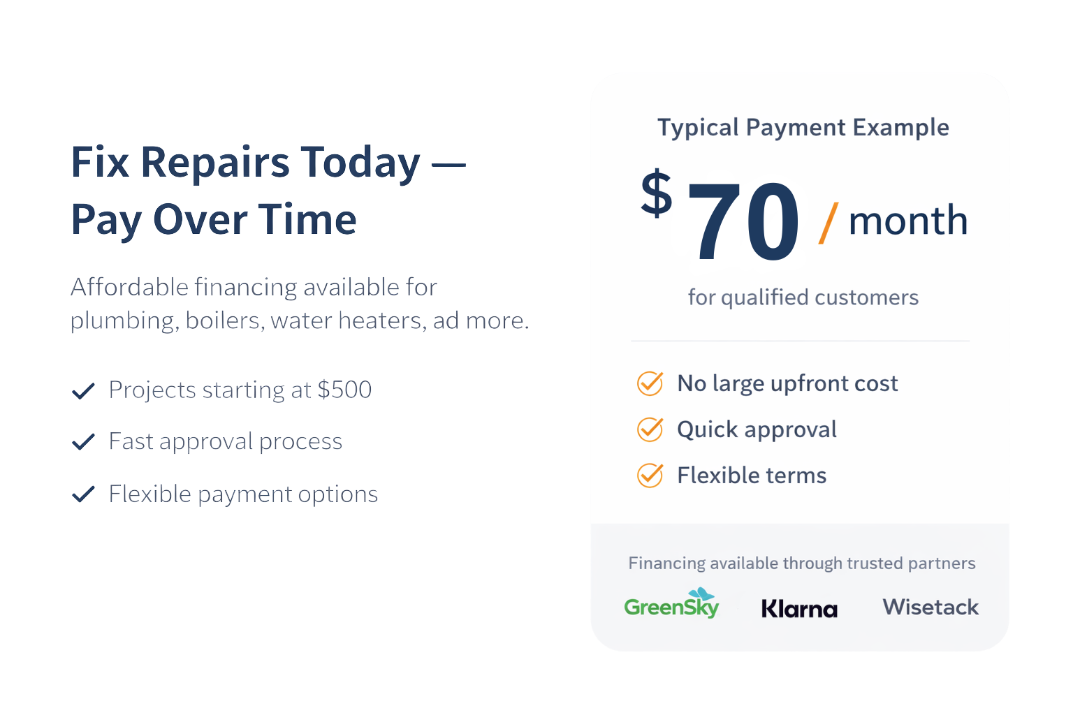 Financing offer with typical payment of $70 per month for qualified customers, highlighting no large upfront cost, quick approval, and flexible terms with partners GreenSky, Klarna, and Wisetack.