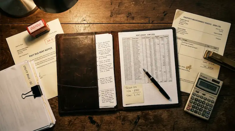 Documentos y una calculadora sobre una mesa de madera