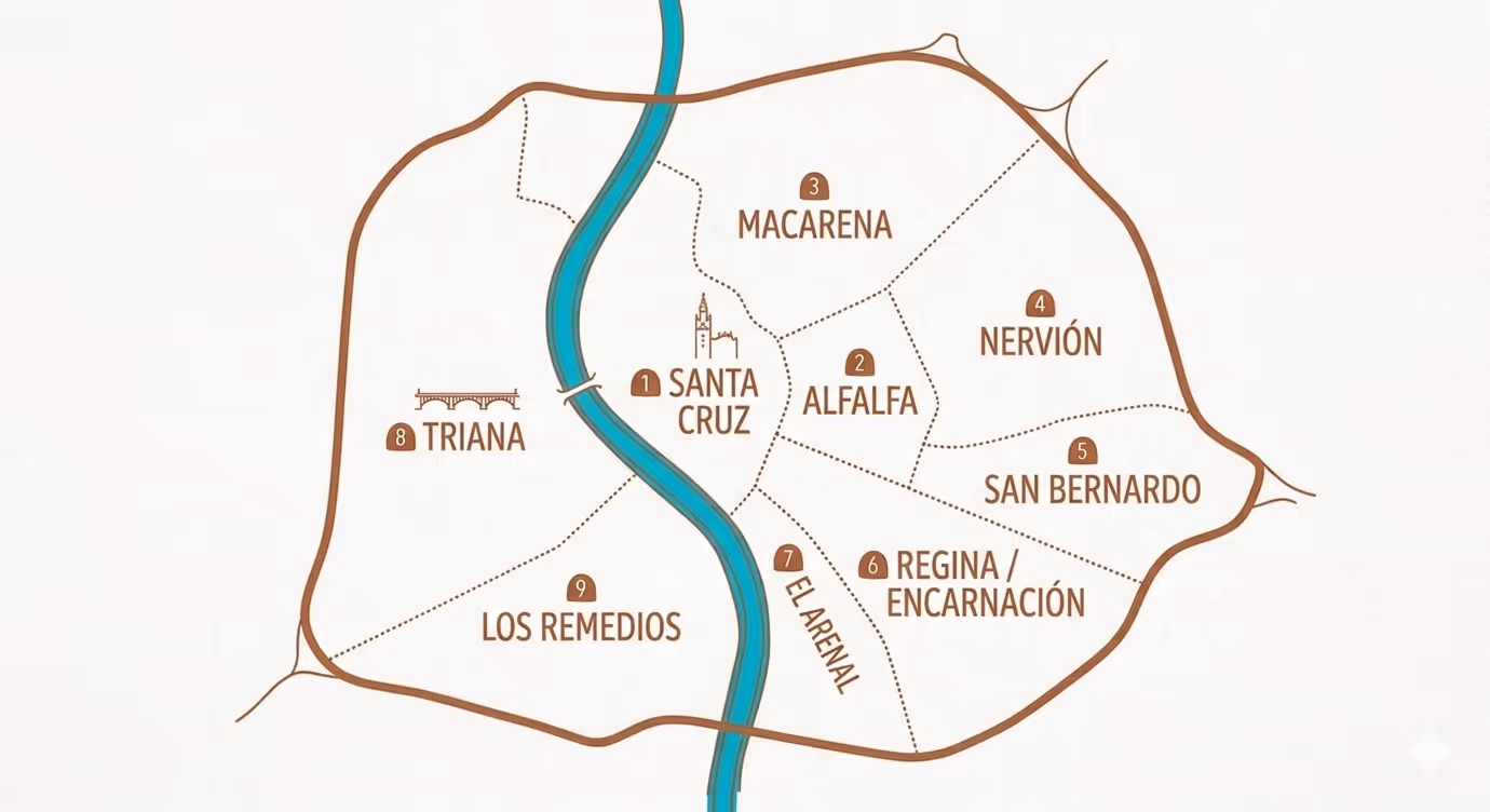 Map showing nine neighborhoods of Seville, Spain, labeled Santa Cruz, Alfalfa, Macarena, Nervión, San Bernardo, Regina/Encarnación, El Arenal, Triana, and Los Remedios, divided by a blue river.