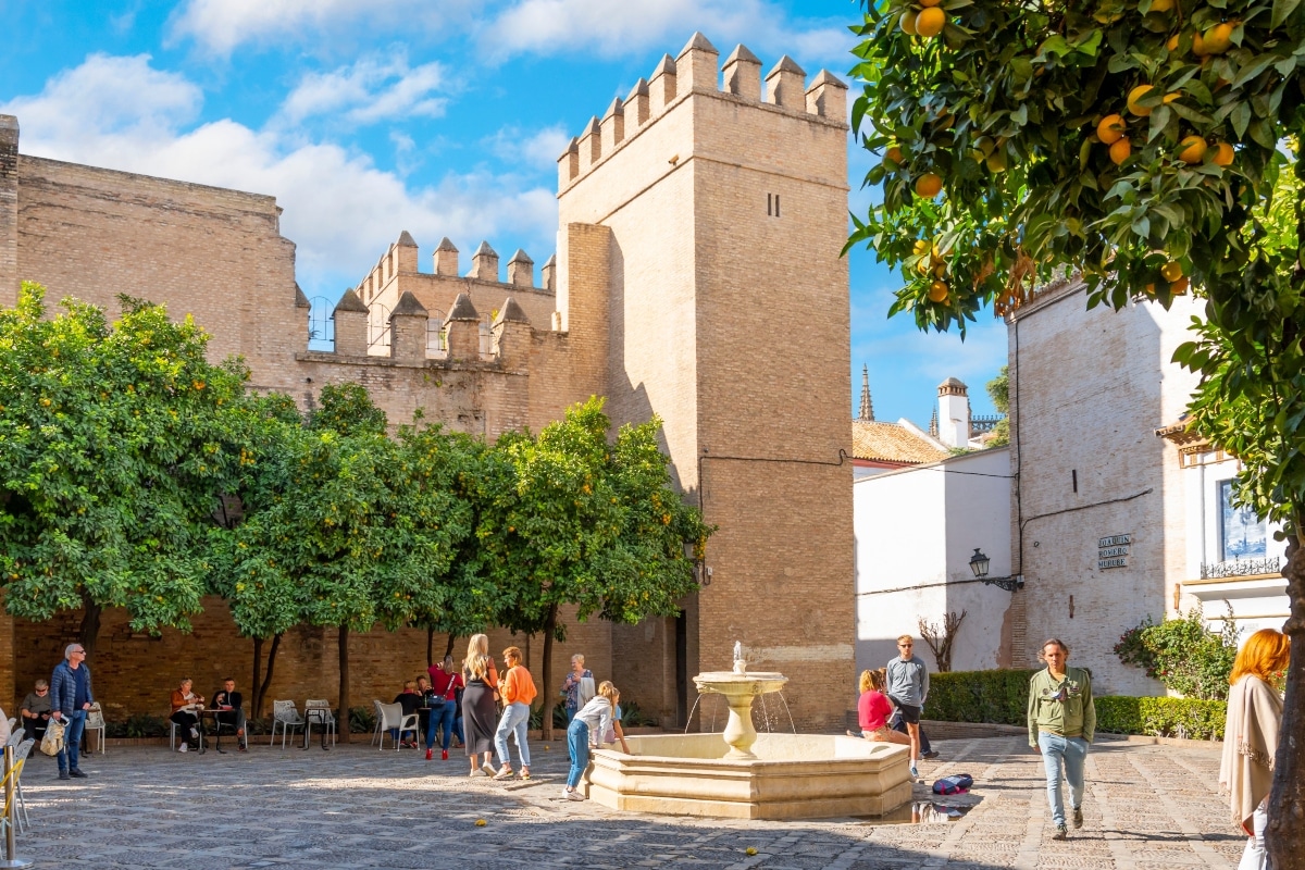 Sunny plaza with orange trees, a stone fountain, and people walking and sitting near historic brick buildings.