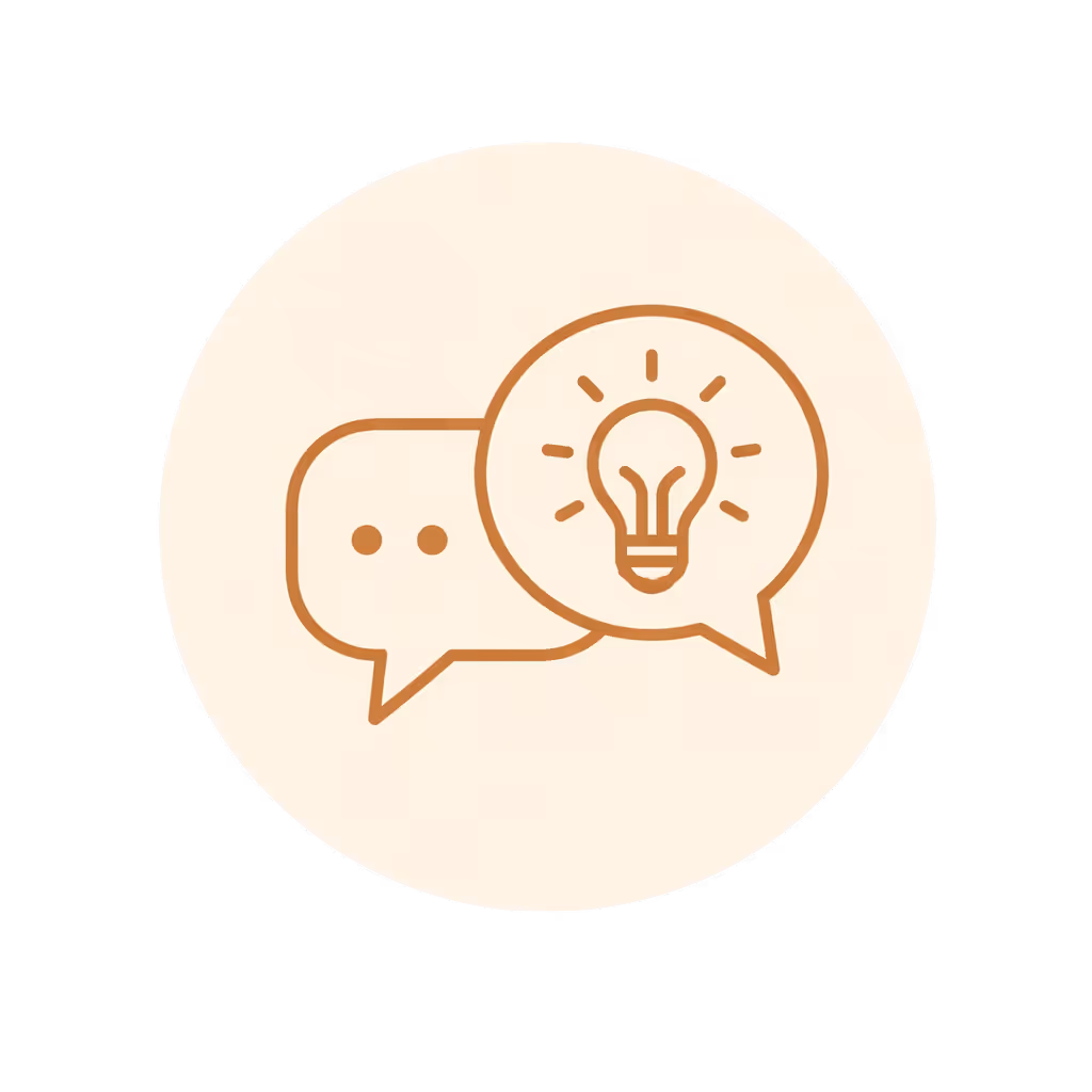 Two overlapping speech bubbles, one with dots and the other with a glowing light bulb inside.