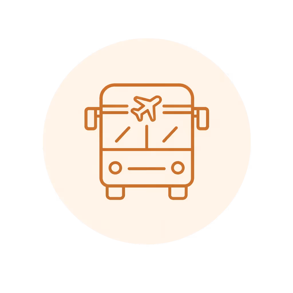 Brown airplane icon inside a light beige circle on white background.