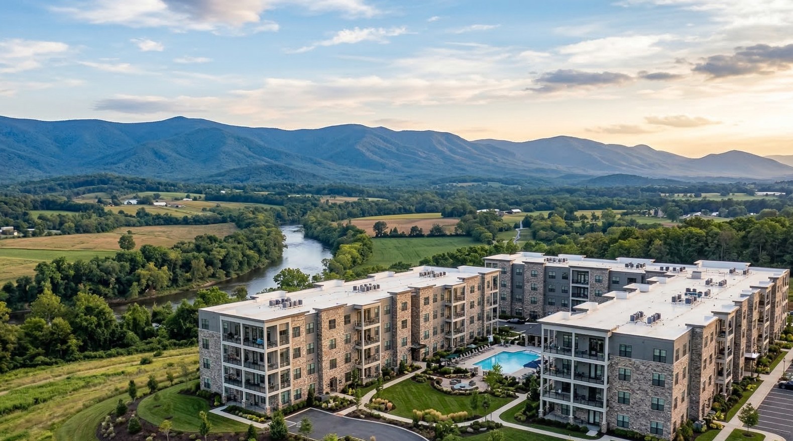Aerial rendering of the Boulder Ridge community in Harrisonburg, Virginia
