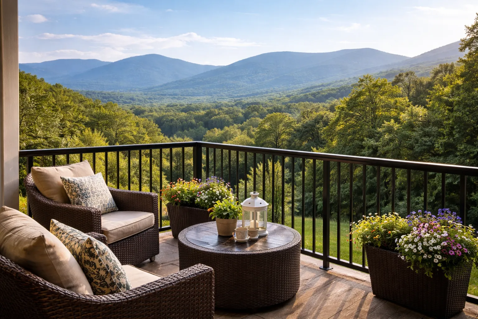 Rendering of an apartment balcony with mountain views