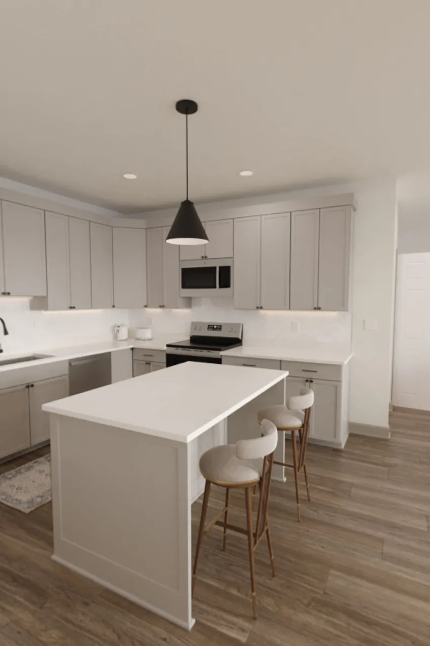 Rendering of a kitchen with white shaker cabinets, a quartz island with bar stools, and a black pendant light