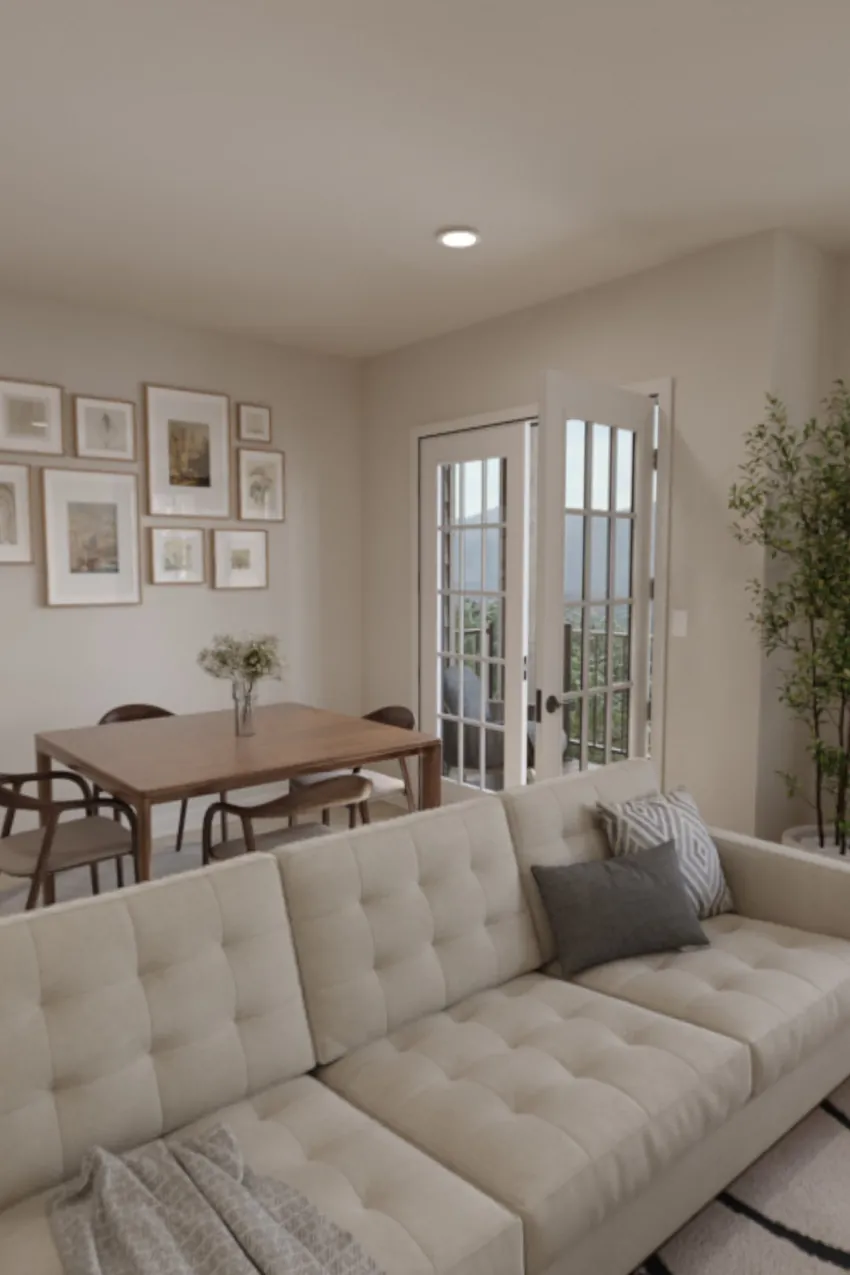 Rendering of a living room with a cream sofa, dining table, and glass doors to the balcony
