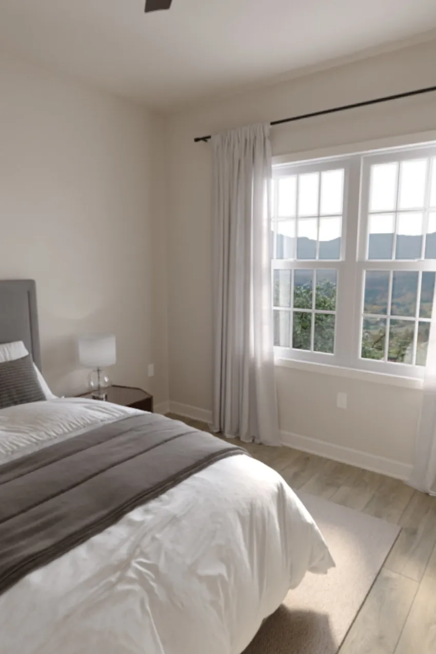 Rendering of a primary bedroom with a made bed, wood floors, and a double window