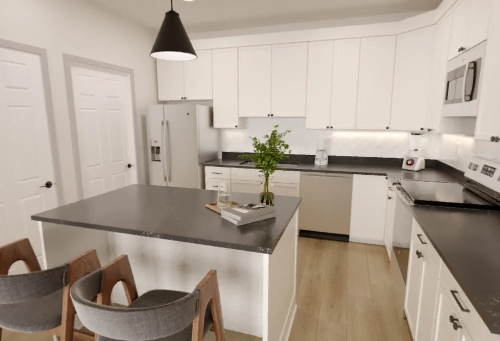 Rendering of a 3-bedroom kitchen with white shaker cabinets, a dark-countertop island with seating, and a pendant light