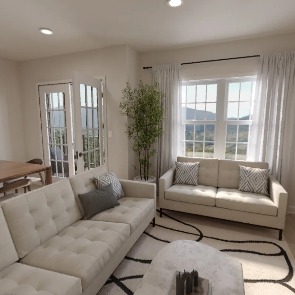 Rendering of a 2-bedroom living room with two sofas and a window looking out to the mountains