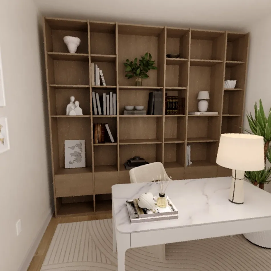 Rendering of a 3-bedroom home office with built-in shelving and a white desk