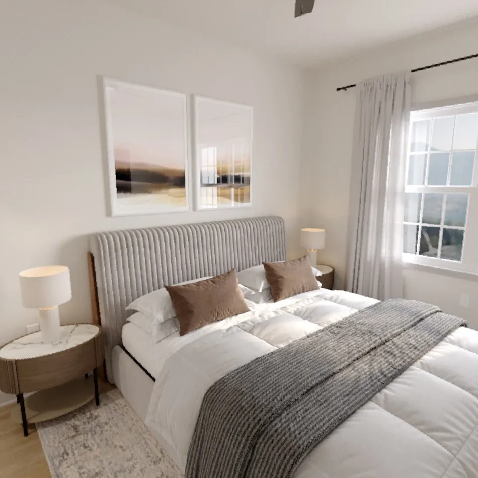 Rendering of a 3-bedroom primary bedroom with an upholstered bed and a window with valley views