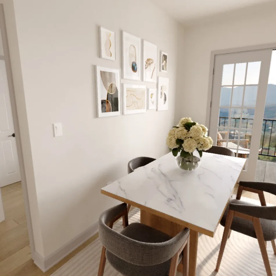 Rendering of a 3-bedroom dining area with a marble table and balcony doors