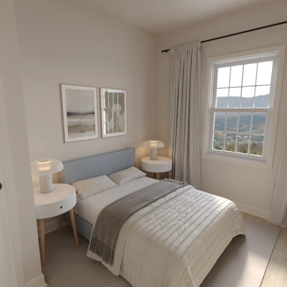 Rendering of a 2-bedroom second bedroom with a blue upholstered bed and a window with mountain views