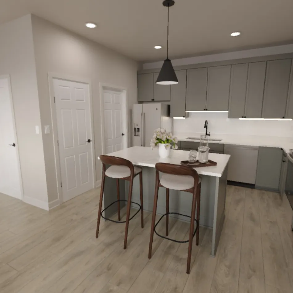 Rendering of a 2-bedroom kitchen with gray cabinets and an island with bar stools