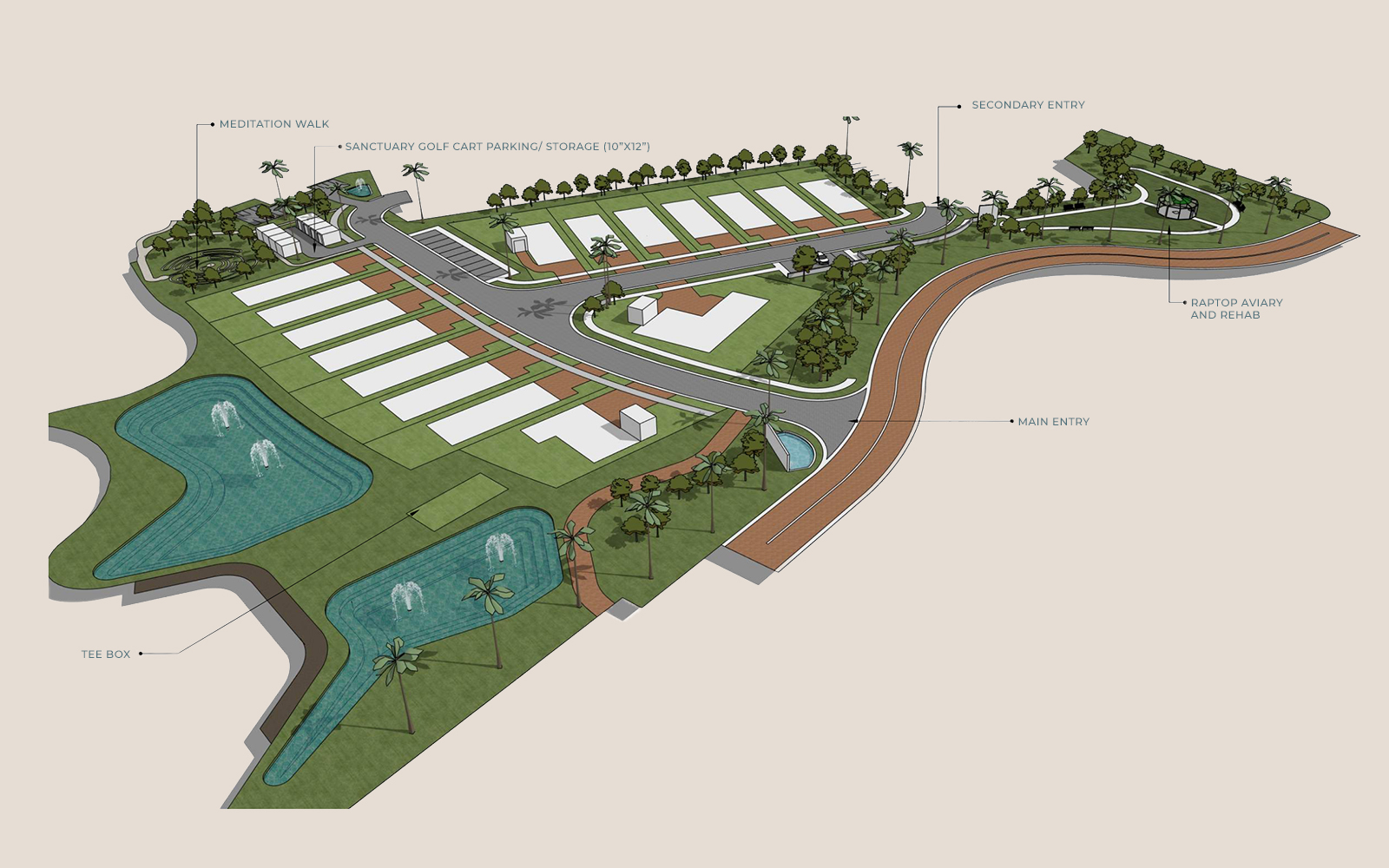 3D site plan showing a landscaped area with labeled features including Meditation Walk, Sanctuary Golf Cart Parking/Storage, Main Entry, Secondary Entry, Raptop Aviary and Rehab, Tee Box, two water ponds with fountains, pathways, trees, and several rectangular building plots.