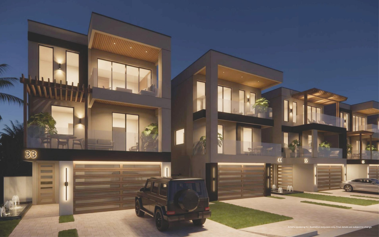 Row of modern, multi-story townhouses at dusk, each with large glass windows, balconies with plants, and garage doors; a black SUV and a silver car are parked in the driveways.