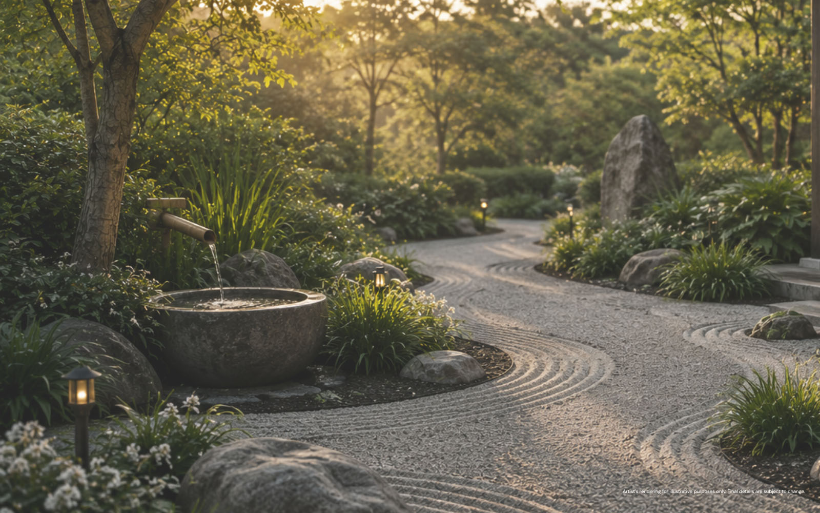 Serene Japanese garden with a stone water basin and bamboo spout on the left, raked gravel paths with curved patterns, rocks, lush green plants, small lantern lights, and trees in soft golden sunlight.