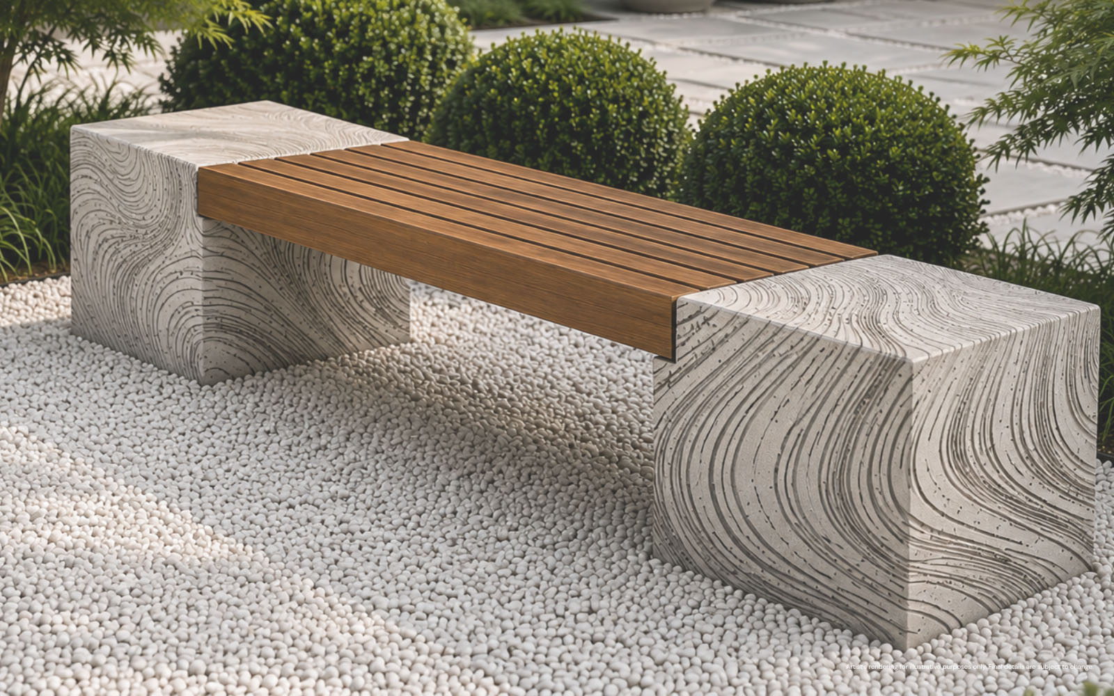 Modern outdoor bench with a wooden slatted seat supported by two large patterned concrete blocks, placed on small white pebbles surrounded by green shrubs.