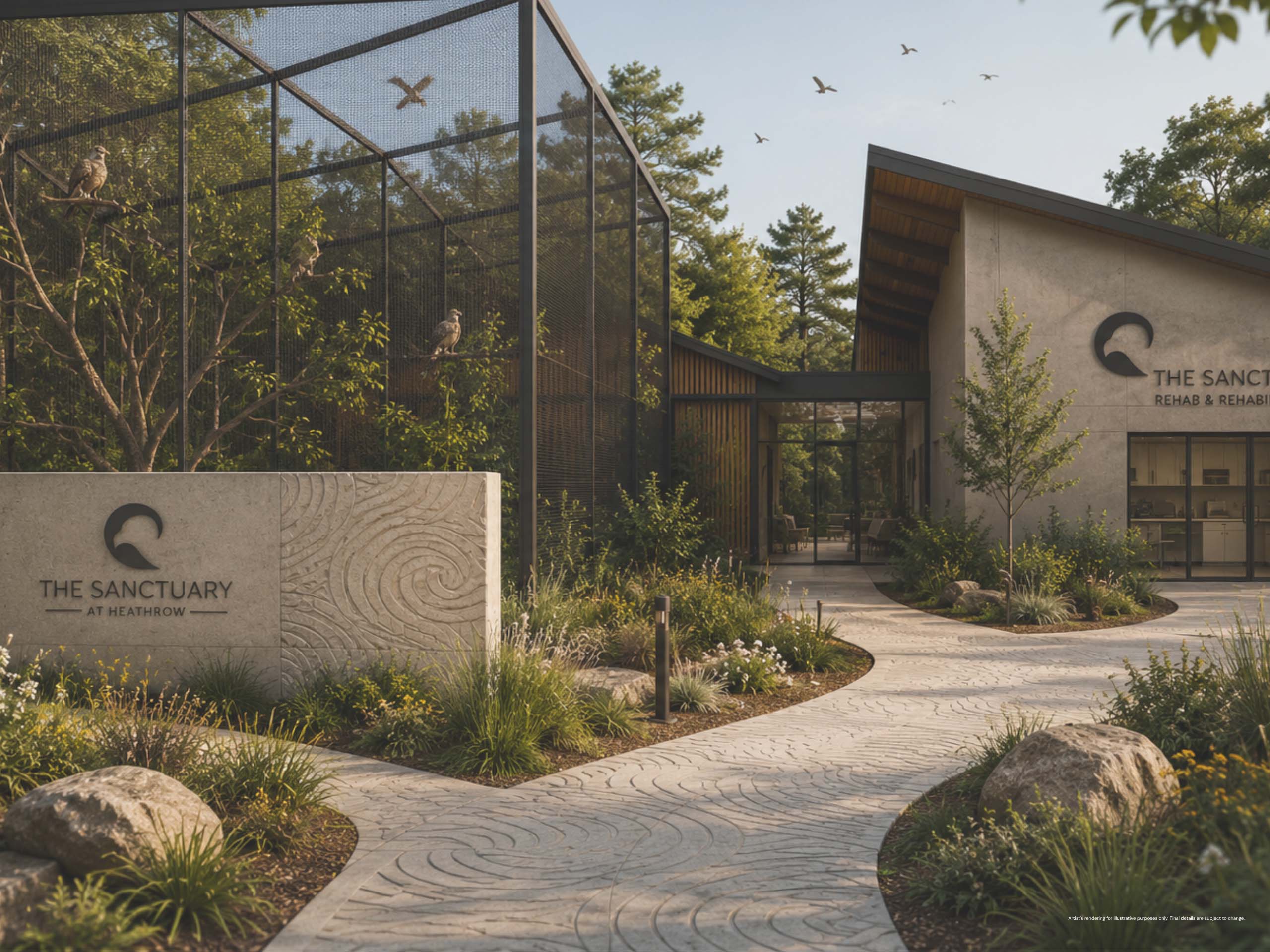 Pathway leading to a modern building surrounded by landscaped greenery and trees, with a large aviary on the left housing several birds perched on branches, birds flying overhead, and a sign reading 'The Sanctuary at Heathrow'.