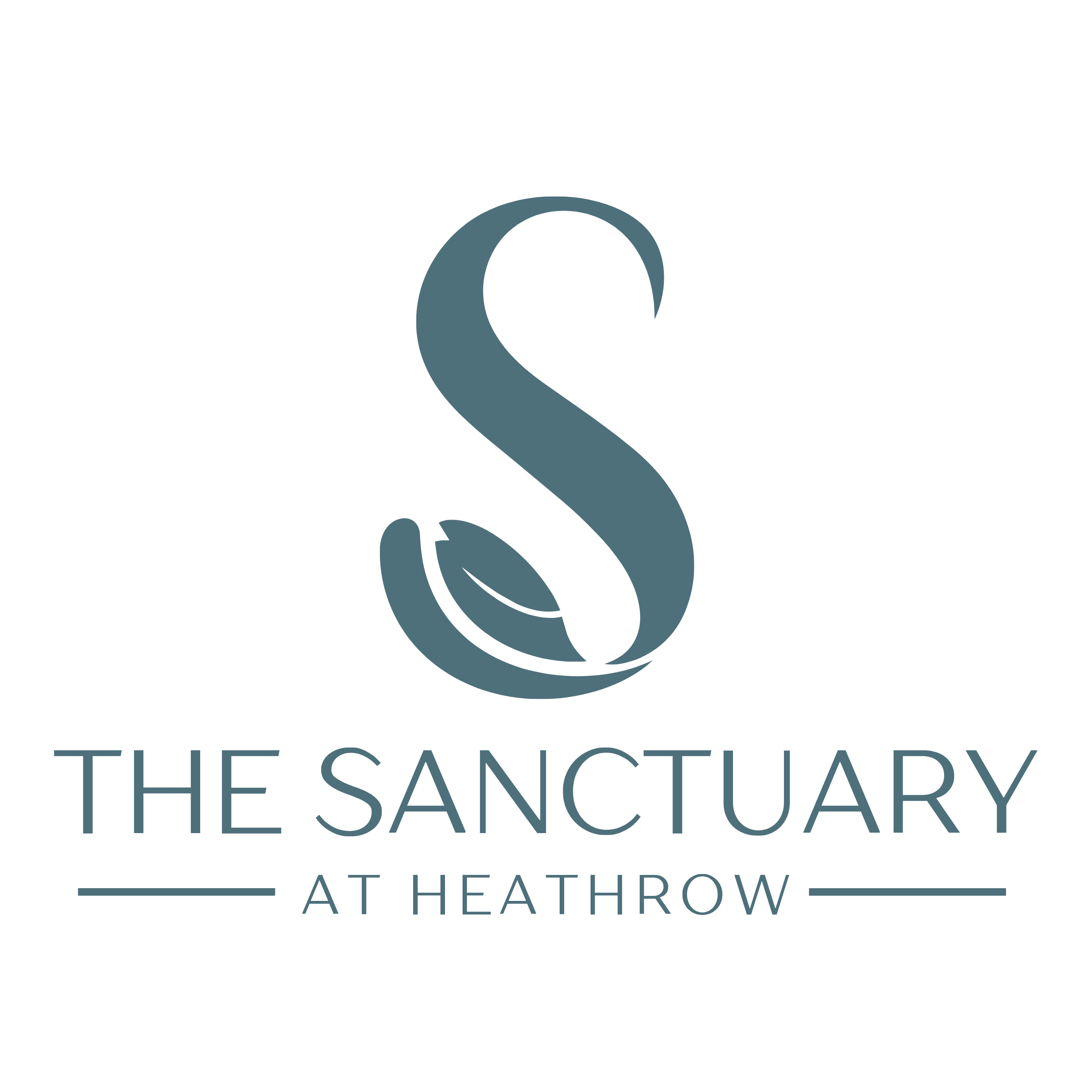 Logo for The Sanctuary at Heathrow featuring a stylized 'S' with a leaf design integrated, text below the 'S' reads 'THE SANCTUARY' and 'AT HEATHROW' separated by horizontal lines on the sides.