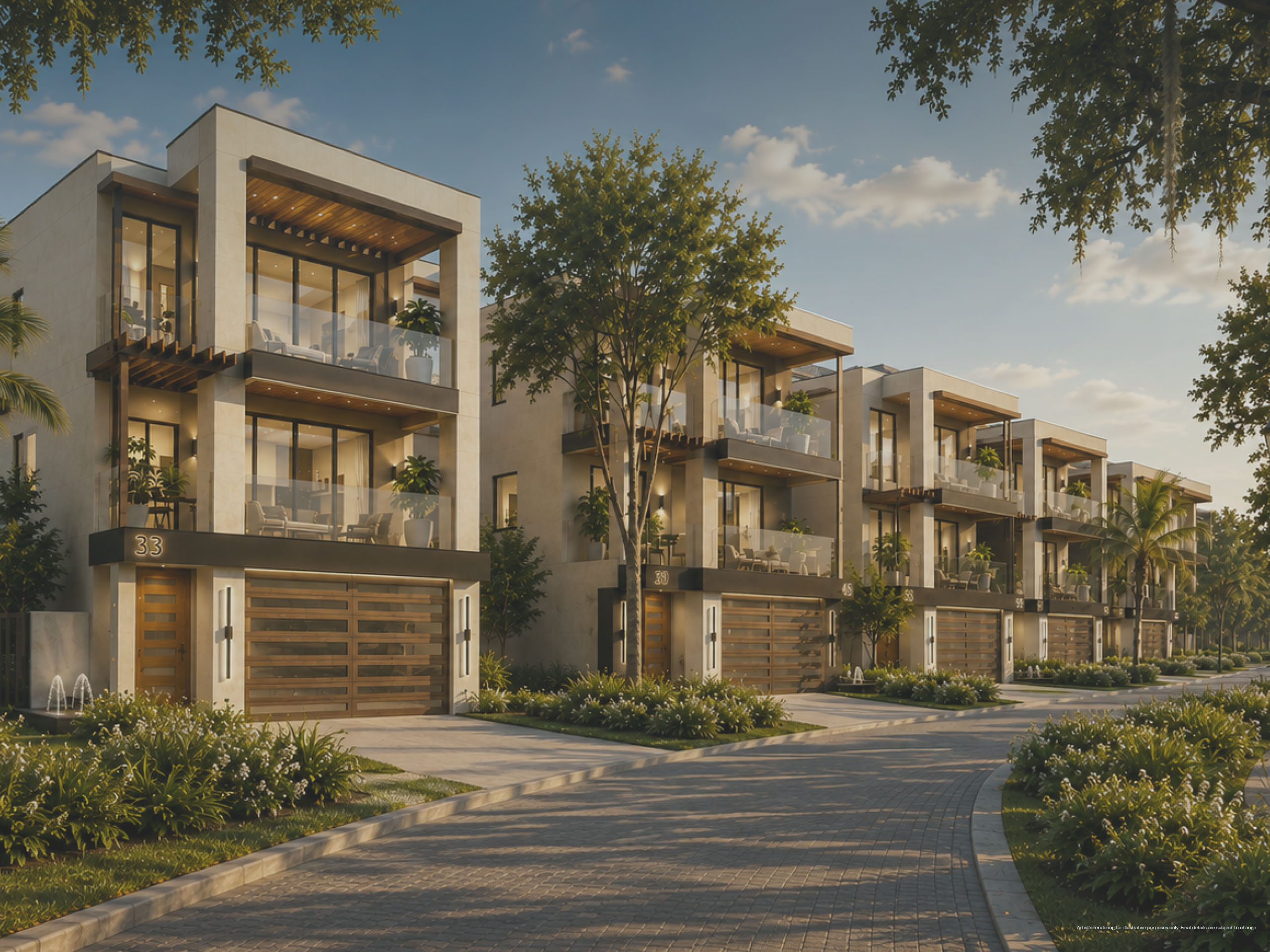 Row of modern three-story townhouses with large glass balconies, wooden garage doors, and landscaped gardens along a paved street in soft daylight.