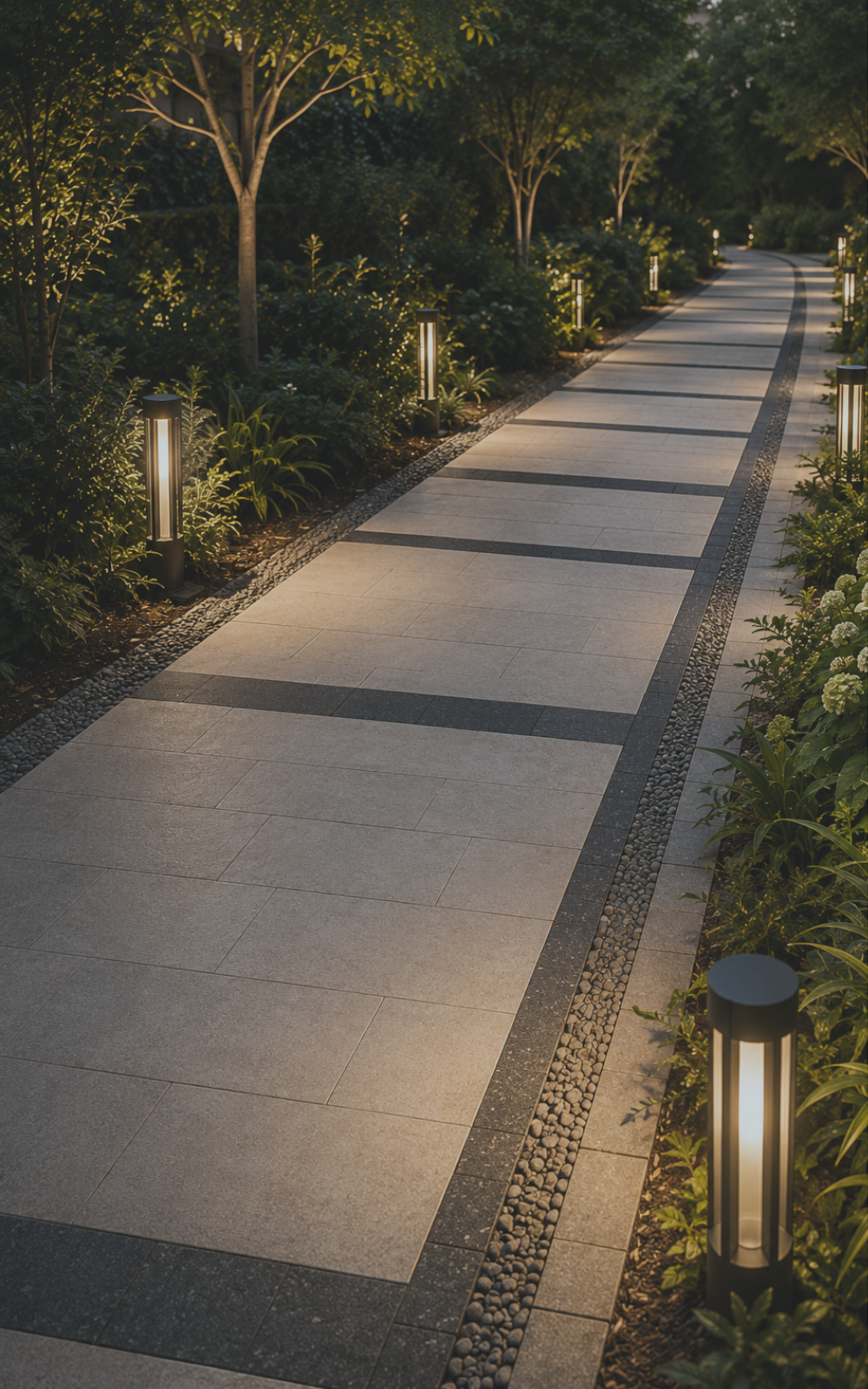 Curved stone pathway with dark border and rectangular tiles illuminated by evenly spaced modern garden lights, surrounded by green plants and trees at dusk.