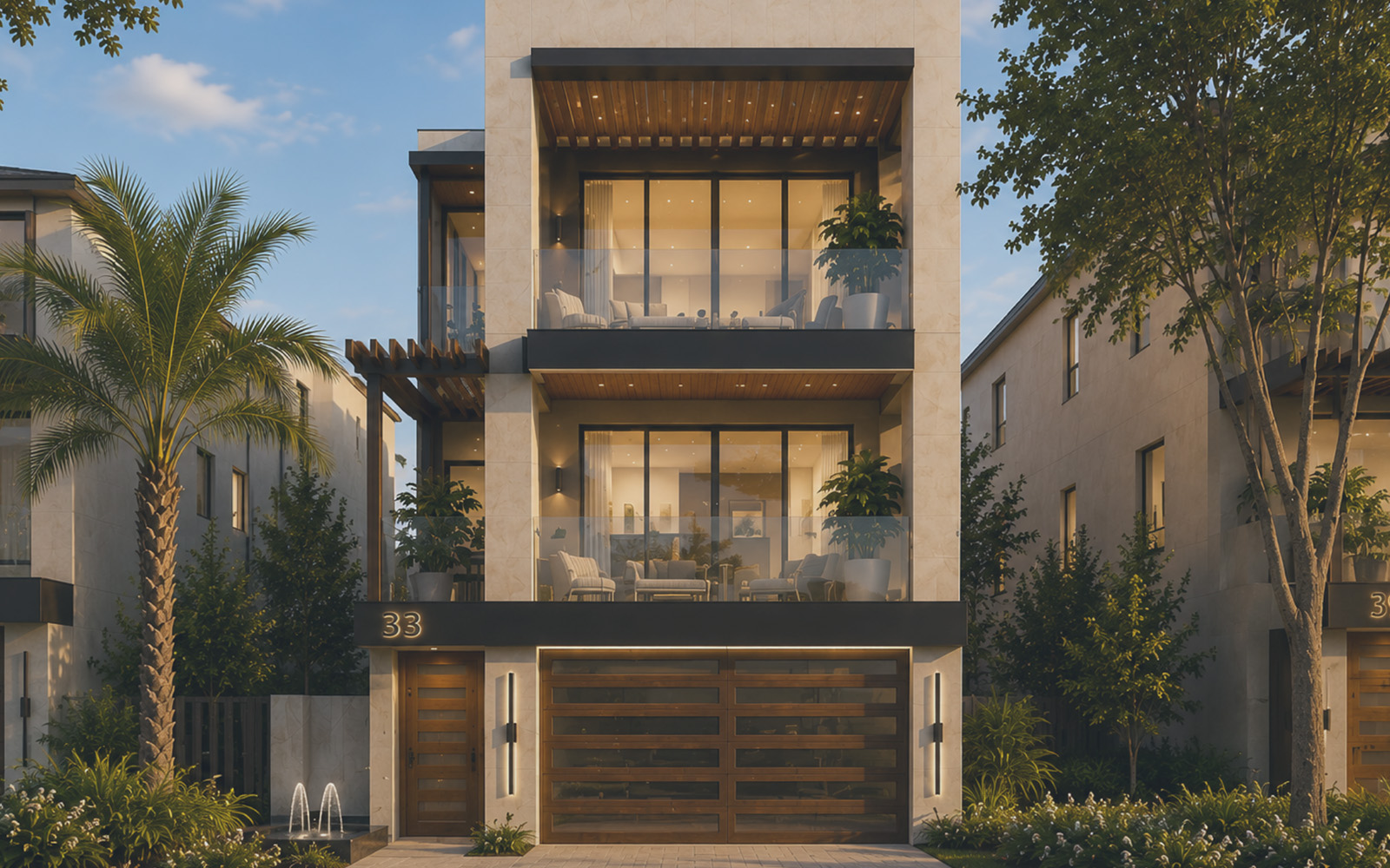 Modern three-story house with large glass balconies furnished with chairs and plants, a wooden garage door, and entrance door numbered 33, surrounded by trees and greenery during dusk.