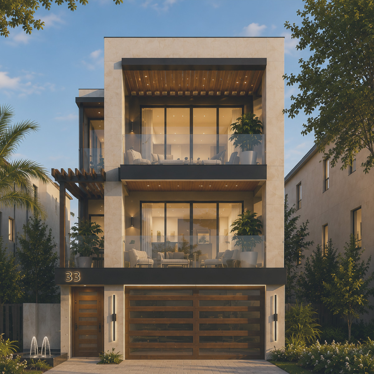 Modern three-story house with large glass windows and balconies featuring seating and plants, wooden garage door, and entrance door with house number 33, surrounded by trees and blue sky at dusk.
