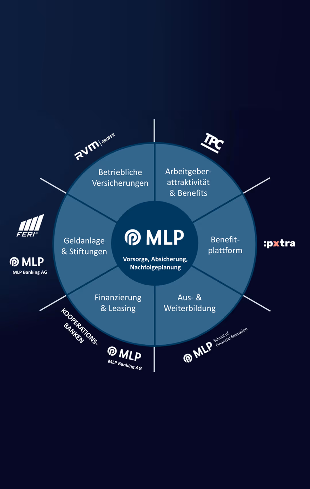 Diagramm über MLP-Dienstleistungen: Vorsorge, Versicherungen, Benefits, Geldanlagen, Weiterbildung, Finanzierung.