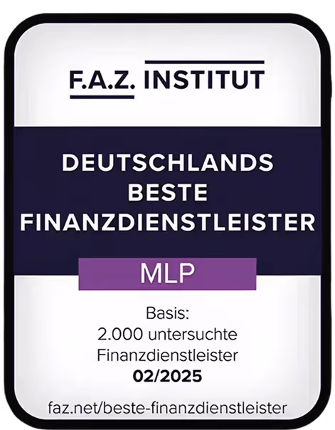 Auszeichnung für Deutschlands beste Finanzdienstleister von F.A.Z. Institut, vergeben an MLP, mit Bezug auf Februar 2025.