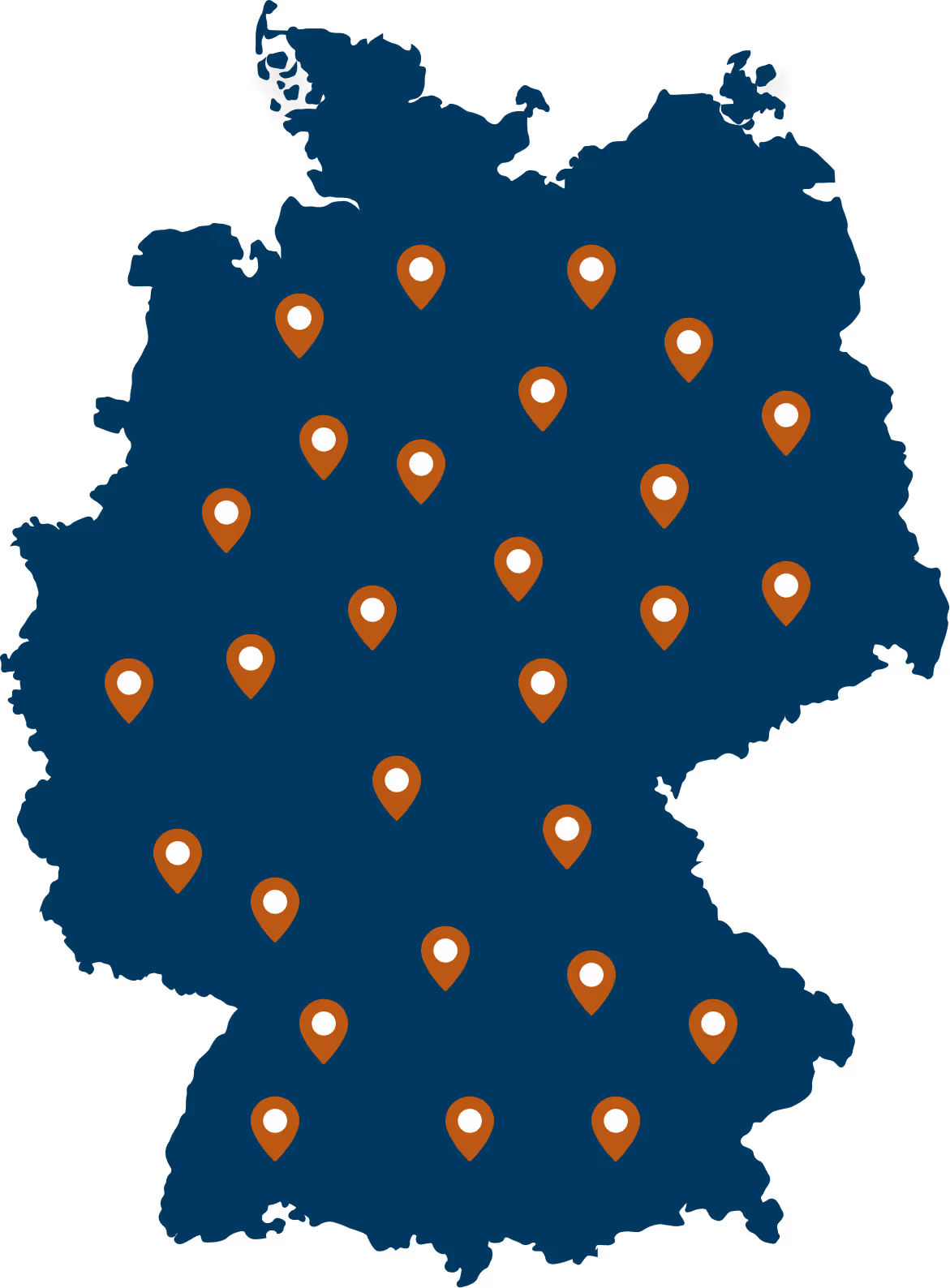 Deutschlandkarte mit orangefarbenen Markierungen, die verschiedene Standorte im ganzen Land anzeigen.