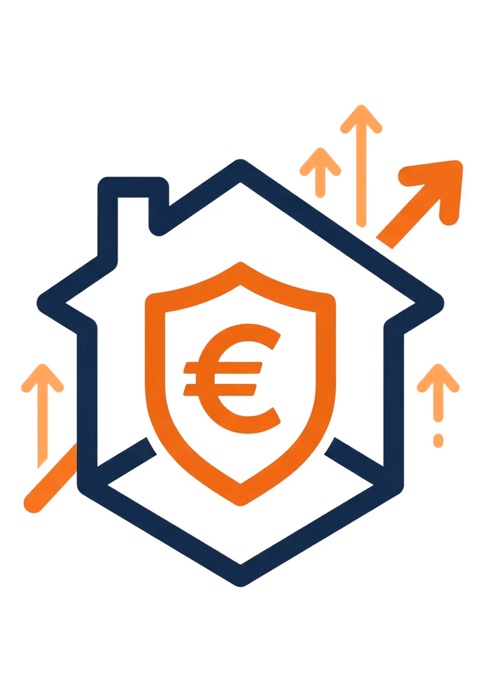 Haus mit Euro-Symbol, umgeben von aufsteigenden Pfeilen, symbolisiert steigende Immobilienwerte oder Investitionen.