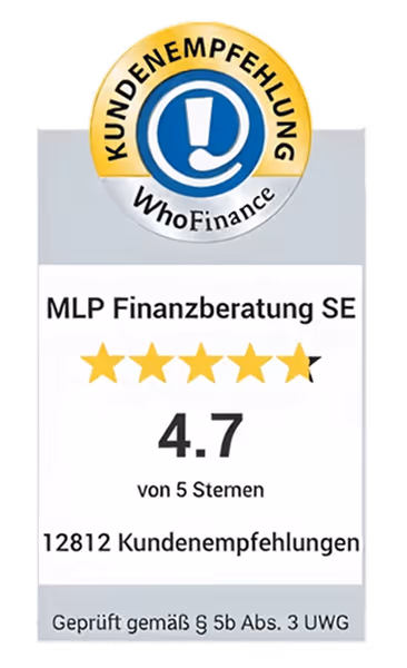 WhoFinance Gütesiegel für MLP Finanzberatung SE mit 4,7 von 5 Sternen und 12.812 Kundenempfehlungen.