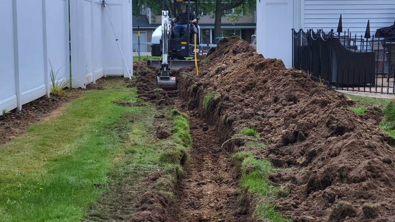 French drain installation to fix yard flooding Rochester NY