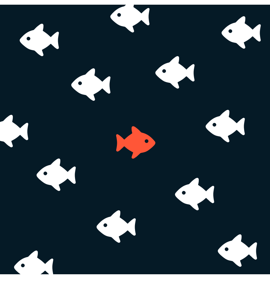 White school of fish swinging toward the left with a single red fish among the white fish appearing in the center swimming toward the right.